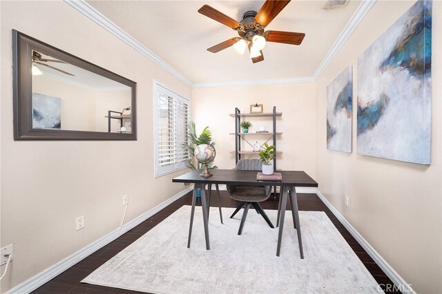 11015 Charleston St, Rancho Cucamonga, CA 91701 - office with a ceiling fan, dark wood-style floors, baseboards, and crown molding