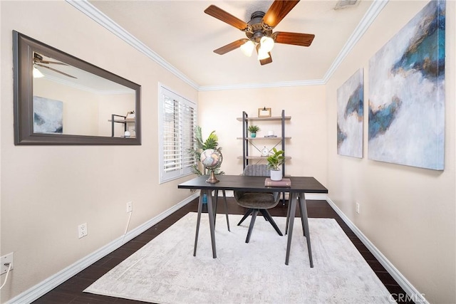 11015 Charleston St, Rancho Cucamonga, CA 91701 - office area with a ceiling fan, dark wood-style flooring, baseboards, and ornamental molding