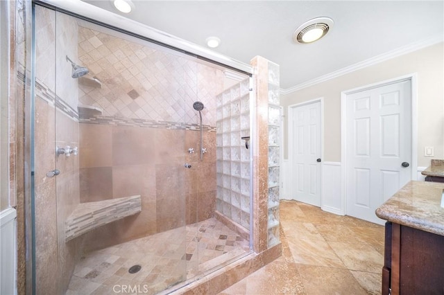11015 Charleston St, Rancho Cucamonga, CA 91701 - full bathroom with ornamental molding, a shower stall, vanity, and wainscoting