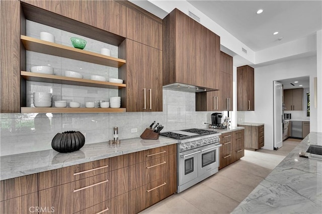 25057 Lewis And Clark Rd, Hidden Hills, CA 91302 - kitchen featuring double oven range, open shelves, modern cabinets, light stone countertops, and recessed lighting