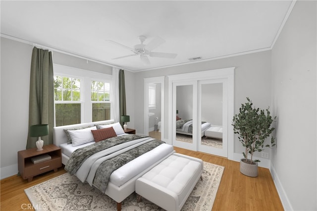 310 Hermosa, Long Beach, CA 90802 - bedroom featuring light wood finished floors, ceiling fan, ornamental molding, and ensuite bathroom
