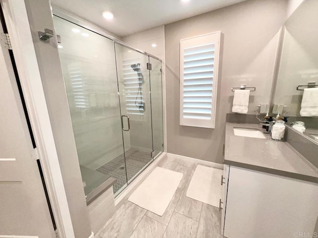 2896 Via Alta Pl, San Diego, CA 92108 - full bath with double vanity, recessed lighting, and a stall shower