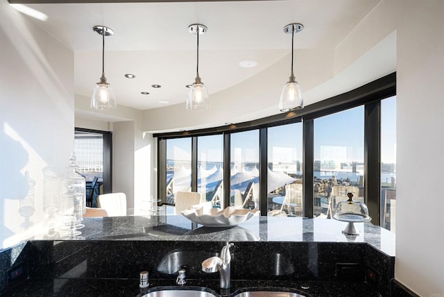 200 Harbor Dr Unit 1502, San Diego, CA 92101 - kitchen featuring a sink, stone countertops, pendant lighting, and recessed lighting