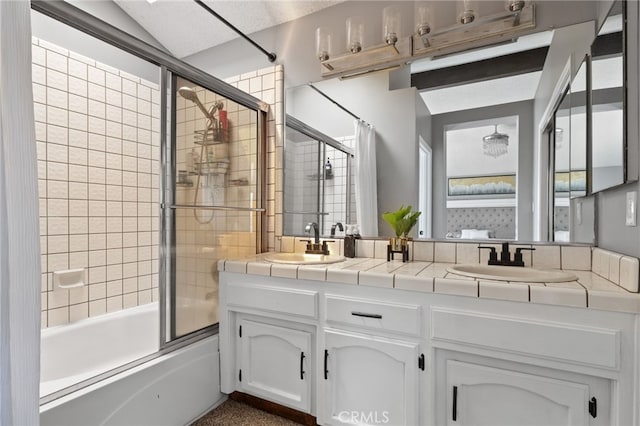 7209 Copper Creek Way, Bakersfield, CA 93308 - full bathroom featuring bath / shower combo with glass door, double vanity, and vaulted ceiling