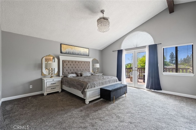 7209 Copper Creek Way, Bakersfield, CA 93308 - bedroom featuring access to exterior, a textured ceiling, vaulted ceiling, french doors, and dark carpet