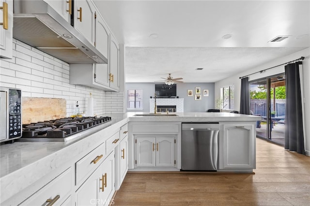 7209 Copper Creek Way, Bakersfield, CA 93308 - kitchen featuring appliances with stainless steel finishes, under cabinet range hood, a fireplace, a ceiling fan, and a peninsula