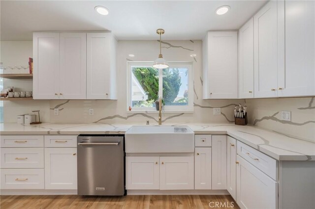 17392 Almelo Ln, Huntington Beach, CA 92649 - kitchen with dishwasher, a sink, white cabinets, open shelves, and recessed lighting