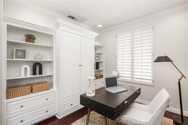 10108 Marchant Ave, Tustin, CA 92782 - home office featuring dark wood-type flooring, ornamental molding, and baseboards