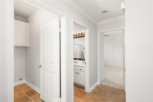 10108 Marchant Ave, Tustin, CA 92782 - corridor featuring crown molding, baseboards, recessed lighting, and light stone finish floors
