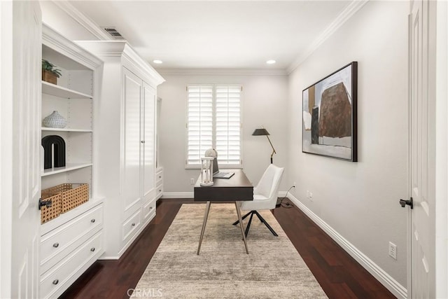 10108 Marchant Ave, Tustin, CA 92782 - office with ornamental molding, dark wood-style floors, and baseboards