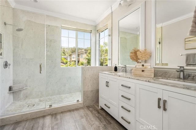 10108 Marchant Ave, Tustin, CA 92782 - full bath featuring ornamental molding, a marble finish shower, double vanity, and wood finished floors
