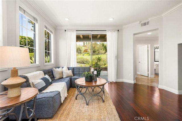 10108 Marchant Ave, Tustin, CA 92782 - living room featuring ornamental molding, healthy amount of natural light, hardwood / wood-style floors, baseboards, and recessed lighting