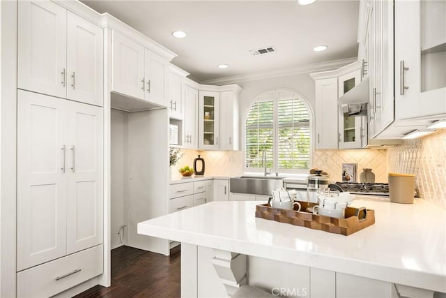 10108 Marchant Ave, Tustin, CA 92782 - kitchen featuring a peninsula, a sink, ornamental molding, glass insert cabinets, and white cabinetry