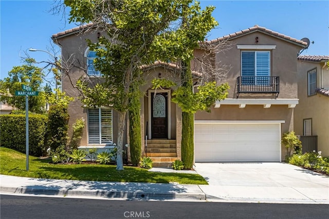 10108 Marchant Ave, Tustin, CA 92782 - view of front facade with concrete driveway, a tile roof, a garage, a balcony, and stucco siding
