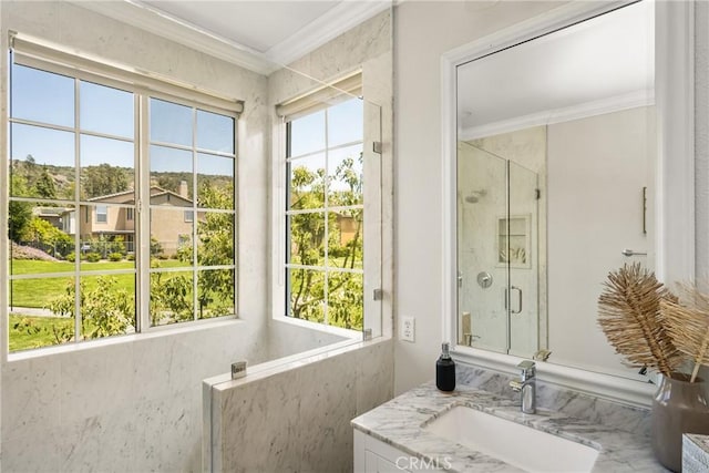10108 Marchant Ave, Tustin, CA 92782 - full bath featuring ornamental molding, a shower stall, and vanity
