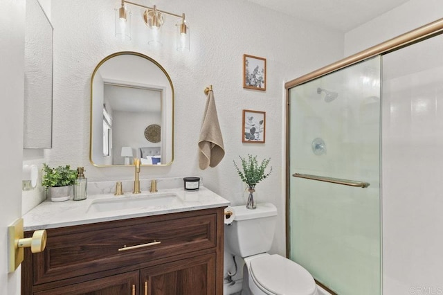 5377 Lake Murray Blvd, La Mesa, CA 91942 - full bathroom with vanity, toilet, a shower stall, and a textured wall