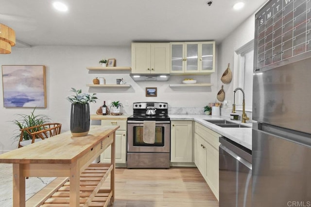 5377 Lake Murray Blvd, La Mesa, CA 91942 - kitchen with stainless steel appliances, a sink, open shelves, light countertops, and exhaust hood