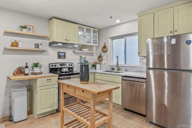 5377 Lake Murray Blvd, La Mesa, CA 91942 - kitchen with appliances with stainless steel finishes, a sink, light countertops, under cabinet range hood, and open shelves