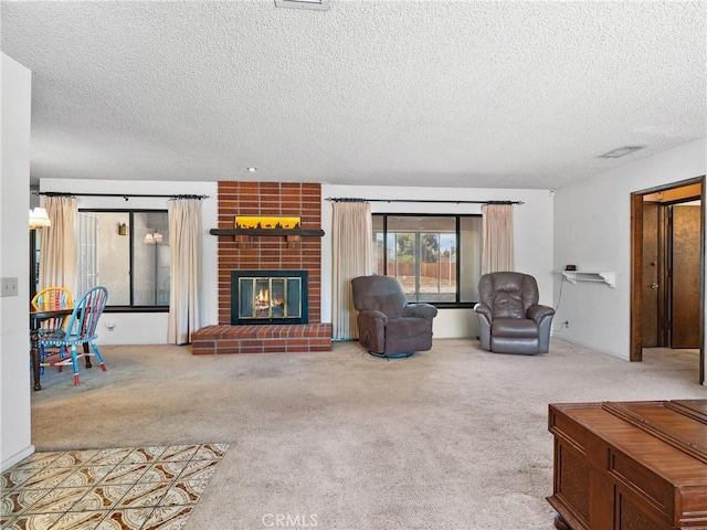 20654 Ottawa Rd, Apple Valley, CA 92308 - living room featuring carpet, a textured ceiling, and a brick fireplace