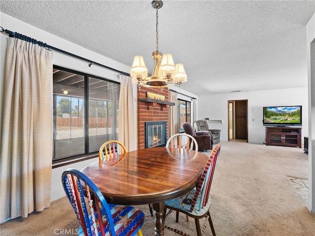 20654 Ottawa Rd, Apple Valley, CA 92308 - carpeted dining area with a textured ceiling, healthy amount of natural light, a chandelier, and a brick fireplace