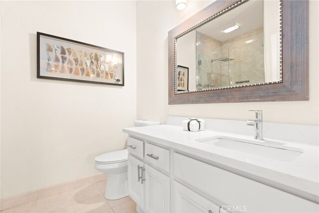 18559 Stonegate Ln, Rowland Heights, CA 91748 - bathroom featuring toilet, vanity, a stall shower, tile patterned floors, and baseboards