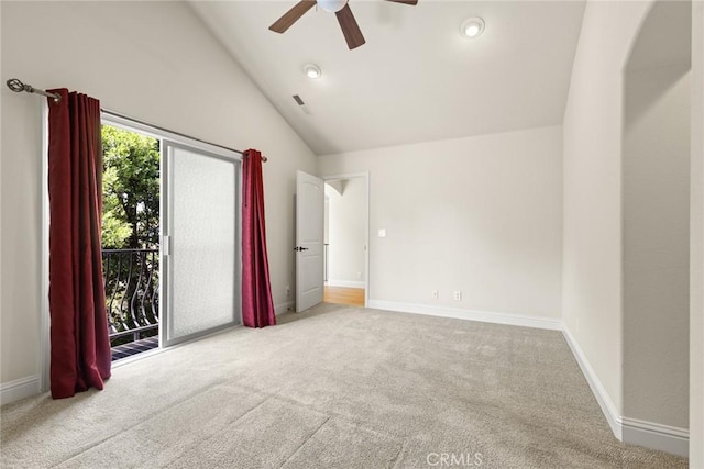 35 Veneto Cir, Chico, CA 95926 - unfurnished bedroom with access to exterior, carpet floors, lofted ceiling, baseboards, and a ceiling fan