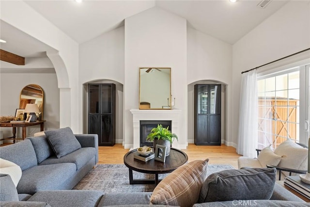35 Veneto Cir, Chico, CA 95926 - living room featuring high vaulted ceiling, light wood-style flooring, a glass covered fireplace, and baseboards