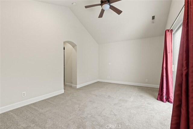 35 Veneto Cir, Chico, CA 95926 - bonus room featuring a ceiling fan, carpet floors, vaulted ceiling, arched walkways, and baseboards