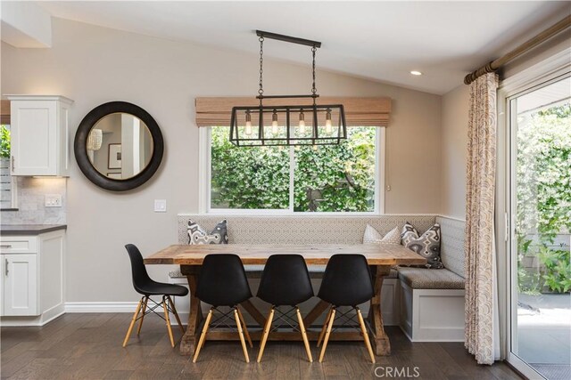 292 Bowling Green Dr, Costa Mesa, CA 92626 - dining space with vaulted ceiling, breakfast area, plenty of natural light, dark wood-style flooring, and recessed lighting