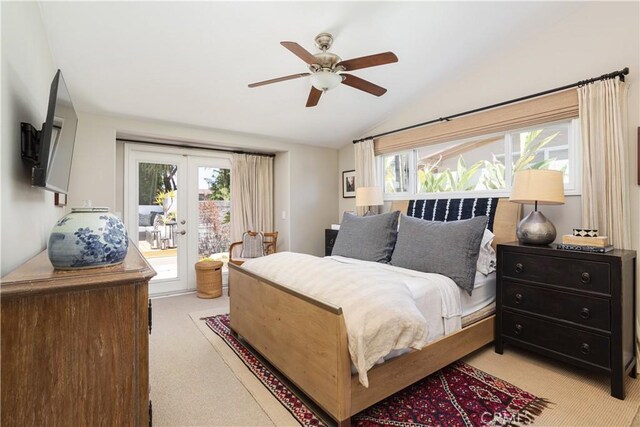 292 Bowling Green Dr, Costa Mesa, CA 92626 - bedroom featuring light carpet, access to outside, french doors, multiple windows, and lofted ceiling