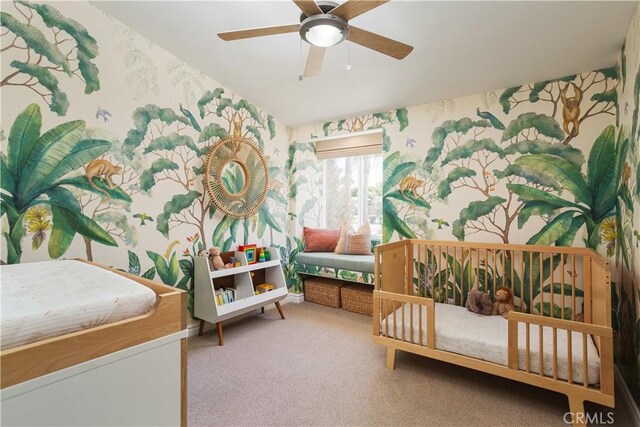 292 Bowling Green Dr, Costa Mesa, CA 92626 - carpeted bedroom with wallpapered walls and a ceiling fan