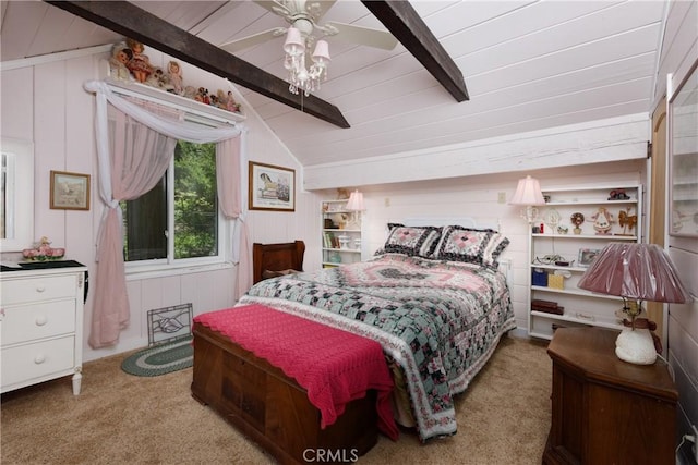 9091 Mountain View Dr, Forest Falls, CA 92339 - bedroom featuring carpet floors, ceiling fan, wooden ceiling, and wood walls