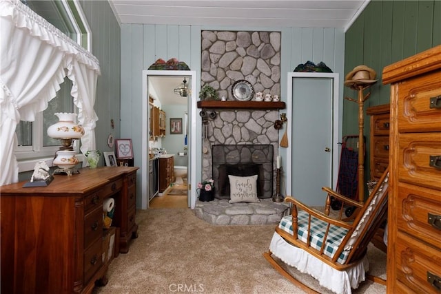 9091 Mountain View Dr, Forest Falls, CA 92339 - sitting room with carpet and a fireplace