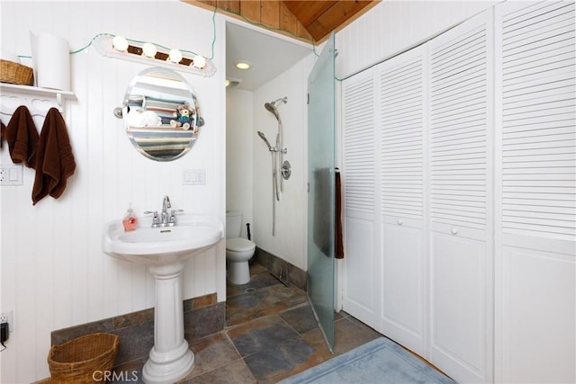 9091 Mountain View Dr, Forest Falls, CA 92339 - bathroom with a closet, toilet, and stone finish floors