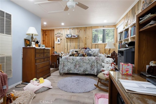 9091 Mountain View Dr, Forest Falls, CA 92339 - bedroom with wood walls, light wood-style flooring, baseboards, recessed lighting, and ornamental molding