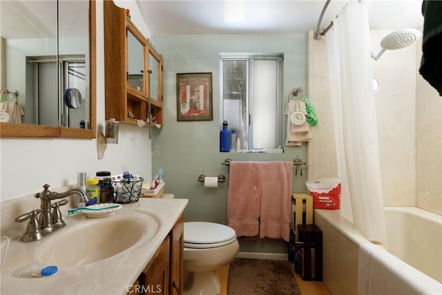 9091 Mountain View Dr, Forest Falls, CA 92339 - full bathroom with toilet, vanity, and shower / tub combo with curtain
