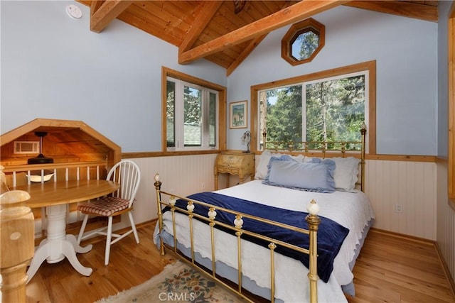 9091 Mountain View Dr, Forest Falls, CA 92339 - bedroom featuring wood finished floors, a wainscoted wall, wooden ceiling, and wooden walls