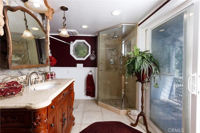 9091 Mountain View Dr, Forest Falls, CA 92339 - full bath with vanity, a stall shower, tile patterned floors, wainscoting, and recessed lighting