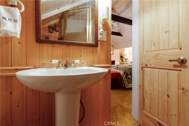 9091 Mountain View Dr, Forest Falls, CA 92339 - bathroom featuring wooden walls and a sink