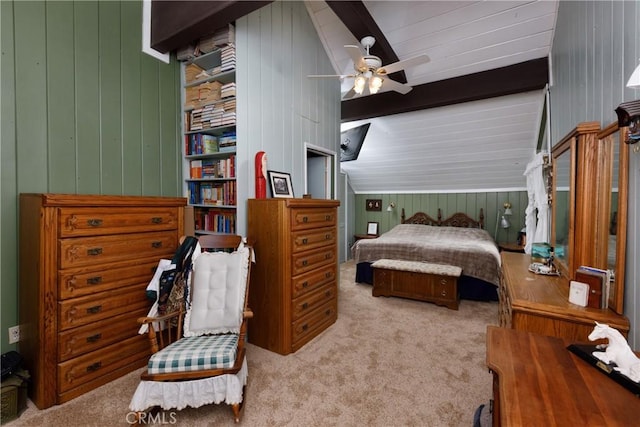 9091 Mountain View Dr, Forest Falls, CA 92339 - carpeted bedroom with wood walls and ceiling fan