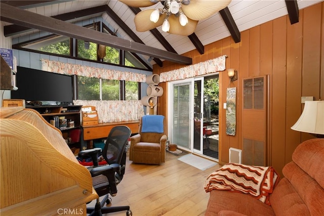 9091 Mountain View Dr, Forest Falls, CA 92339 - office area with hardwood / wood-style flooring, ceiling fan, and wood walls