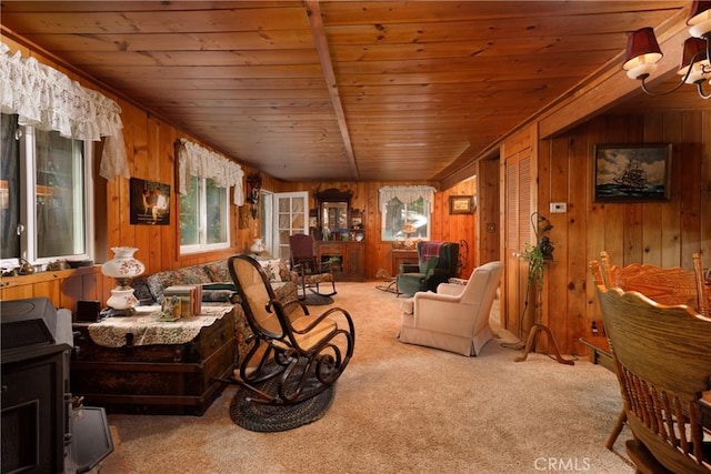 9091 Mountain View Dr, Forest Falls, CA 92339 - sitting room featuring carpet, wood walls, and wooden ceiling