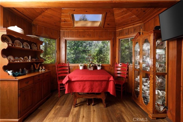 9091 Mountain View Dr, Forest Falls, CA 92339 - dining room with vaulted ceiling, healthy amount of natural light, wood finished floors, wood ceiling, and a skylight
