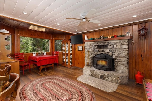 9091 Mountain View Dr, Forest Falls, CA 92339 - living room featuring wood walls, recessed lighting, wood ceiling, wood finished floors, and a ceiling fan