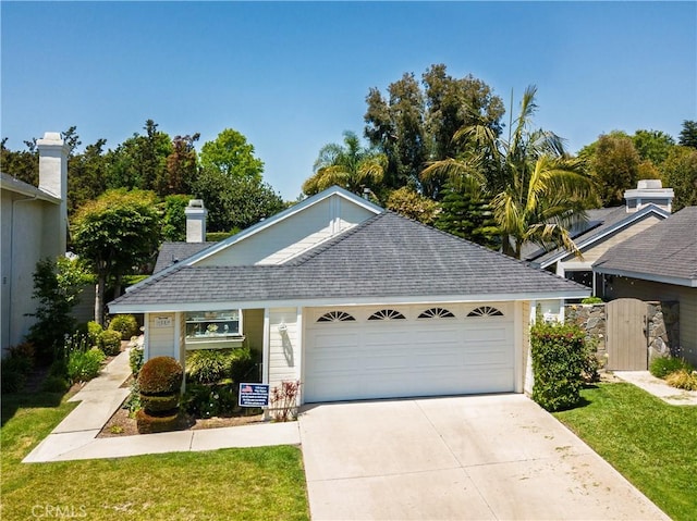 11 Jasmine Creek Ln, Laguna Hills, CA 92653 - single story home featuring a shingled roof, driveway, a garage, a front lawn, and a chimney