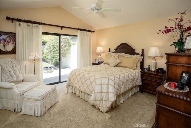 11 Jasmine Creek Ln, Laguna Hills, CA 92653 - bedroom with access to exterior, light carpet, vaulted ceiling, and ceiling fan