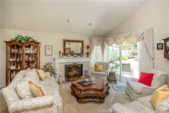 11 Jasmine Creek Ln, Laguna Hills, CA 92653 - carpeted living room with lofted ceiling and a fireplace with flush hearth