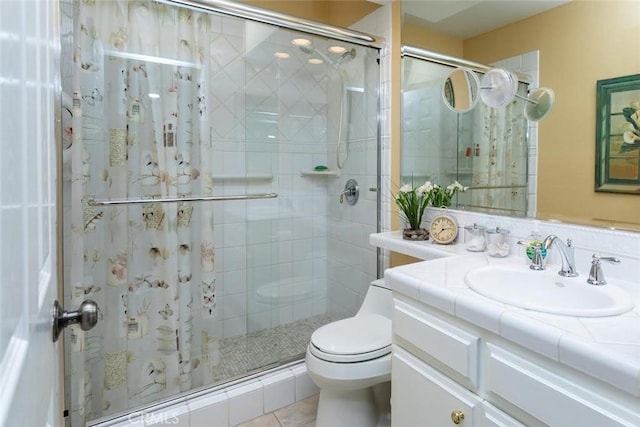 11 Jasmine Creek Ln, Laguna Hills, CA 92653 - full bathroom featuring a stall shower, vanity, toilet, and tile patterned floors