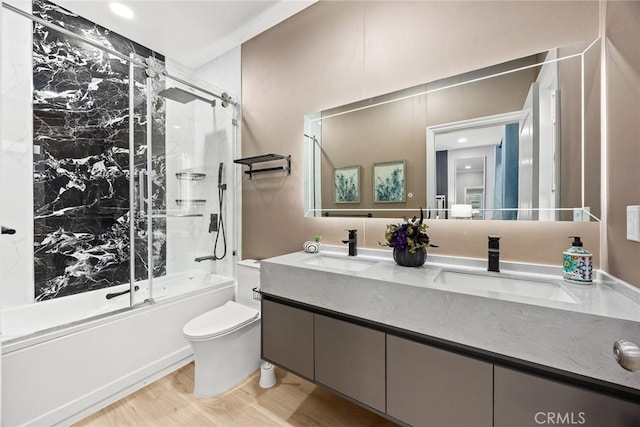 6149 Rosemead Blvd, Temple City, CA 91780 - full bath with enclosed tub / shower combo, double vanity, toilet, and wood finished floors
