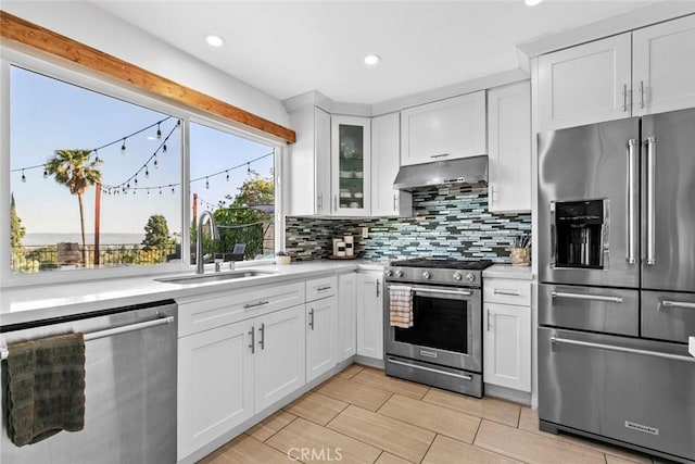 18534 Dylan St, Porter Ranch, CA 91326 - kitchen with stainless steel appliances, under cabinet range hood, a sink, light countertops, and recessed lighting
